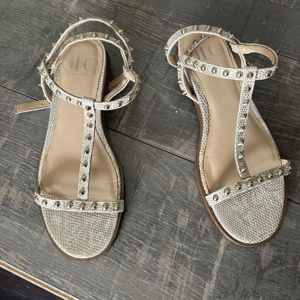 Edgy Studded Gladiator Sandals Snakeskin Gold JLO Jennifer Lopez 6 Boho Chic - Picture 15 of 16